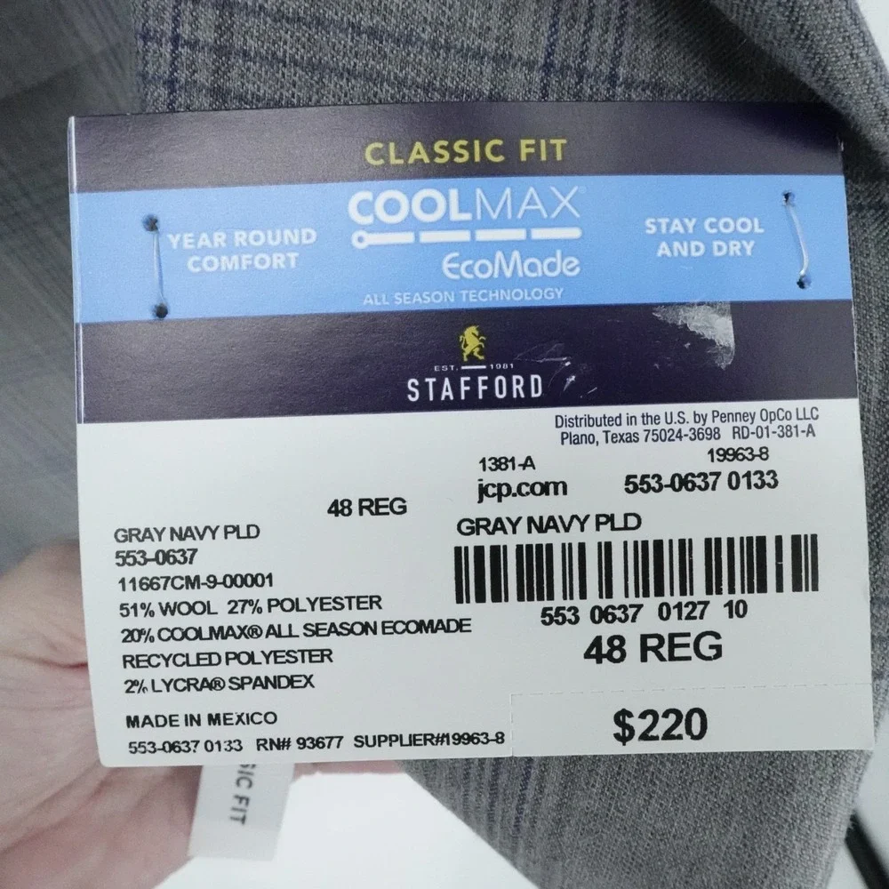 Stafford Sport Coat Mens 48 Regular Gray Plaid Wool Blend Blazer CoolMax Office‎